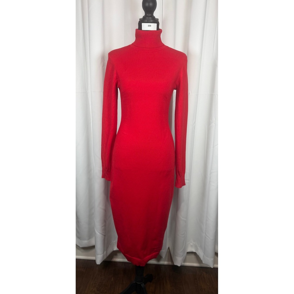 Express Womens Red Turtleneck Ribbed Knit Long Sleeve Midi Sweater Dress Small